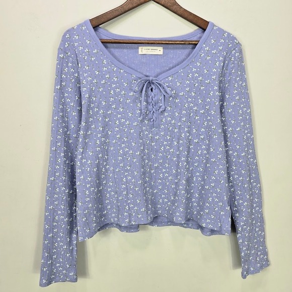 Lucky Brand Top XXL 2X Purple Periwinkle Knit Floral Lace-Up Milkmaid Coquette - Picture 1 of 8
